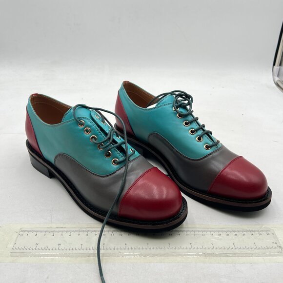 FSJ Blue Multicolor Leather Round Cap Toe Lace Up Brogues Patchwork Oxford Shoes - Picture 4 of 8